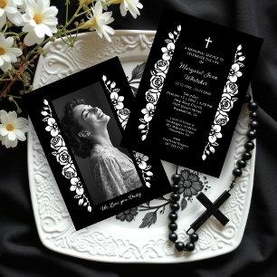 Minimal Botanic Back & White Garland Photo Funeral Invitation