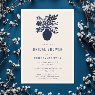 Minimal Botanical Boho Flowers Blue Bridal Shower Invitation