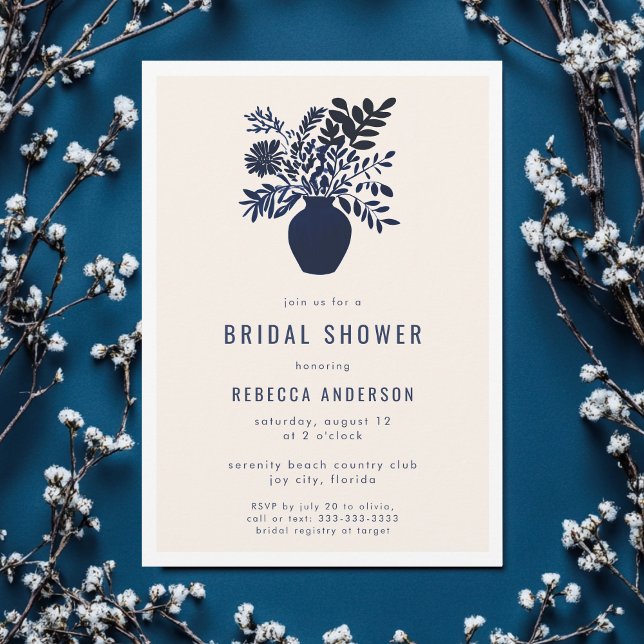 Minimal Botanical Boho Flowers Blue Bridal Shower Invitation (Creator Uploaded)