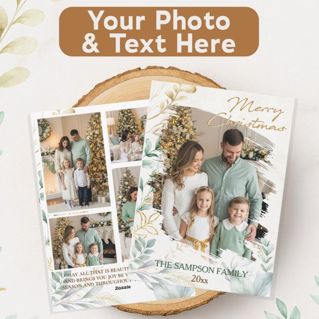 Minimal Botanical Brush Christmas Photo Collage Holiday Card (Creator Uploaded)