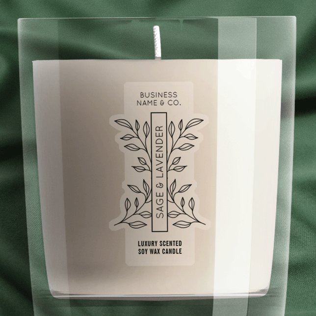 Minimal Botanical Clear Candle Jar Vertical Label (Transparent thin vertical rectangle jar label with modern botanical leaf motif and simple layout)