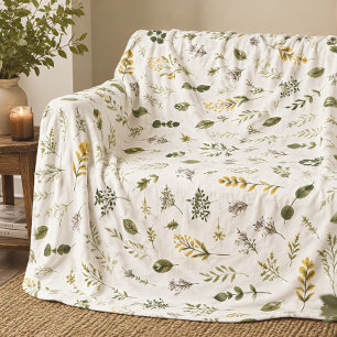Minimal Botanical Greenery Wildflower Pattern Fleece Blanket