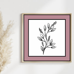 Minimal Botanical Leaf Line Art Mauve Plum Border Poster