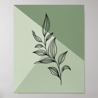 Minimal Botanical Line Art Leaves on Sage Green Poster