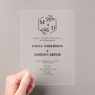 Minimal Botanical Monogram Wedding Acrylic Invitations