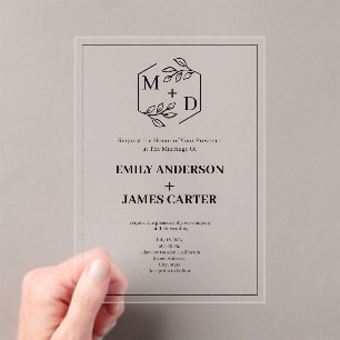 Minimal Botanical Monogram Wedding Border Acrylic Invitations