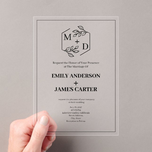 Minimal Botanical Monogram Wedding Border Acrylic Invitations (Insitu (Handheld))