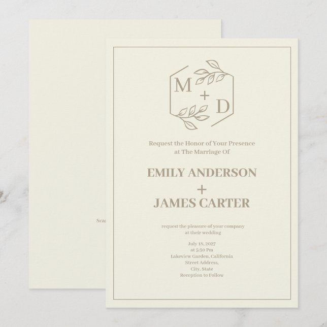 Minimal Botanical Monogram Wedding Vintage Ivory Invitation (Front/Back)