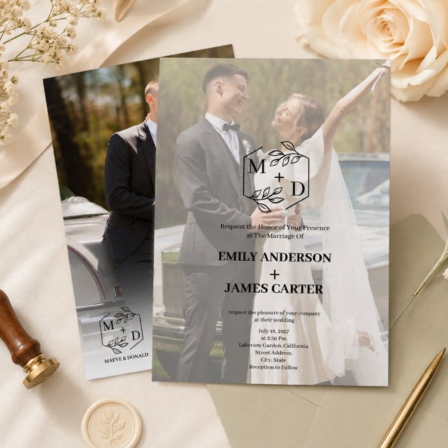 Minimal Botanical Photo Monogram Wedding  Invitation (Creator Uploaded)