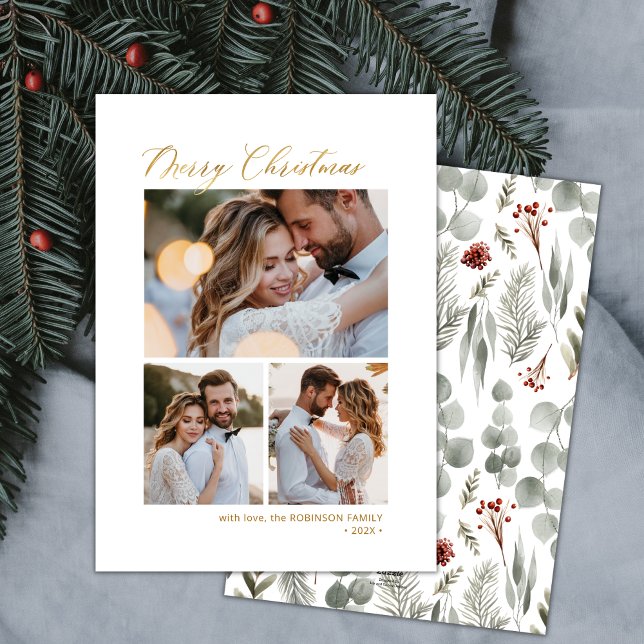 Minimal Botanical Script 3 Multi Photo Christmas  Holiday Card (Creator Uploaded)