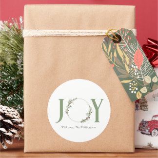 Minimal Botanical Watercolor Wreath Joy Christmas Classic Round Sticker
