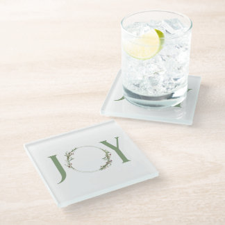 Minimal Botanical Watercolor Wreath Joy Christmas Glass Coaster