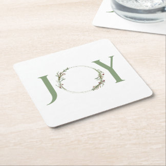 Minimal Botanical Watercolor Wreath Joy Christmas Square Paper Coaster