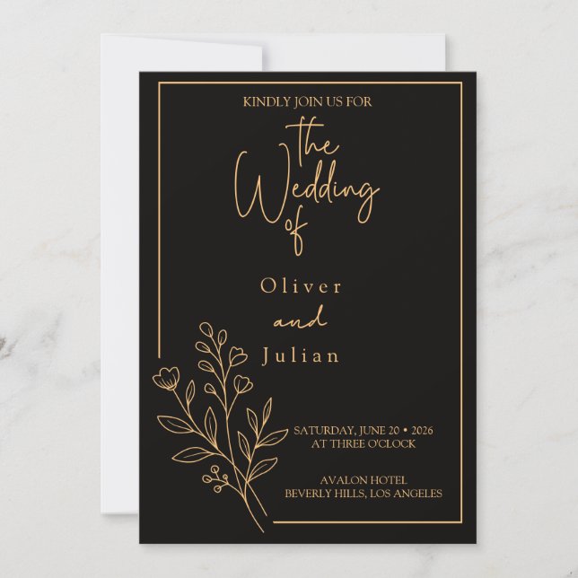 Minimal Botanical Wedding Invitation | Elegant Bla (Front)