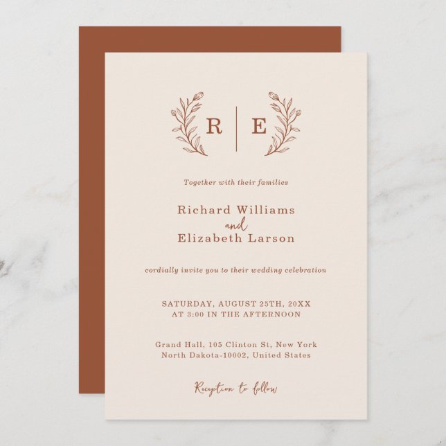 Minimal Botanical Wreath Monogram Wedding Invitation (Front/Back)