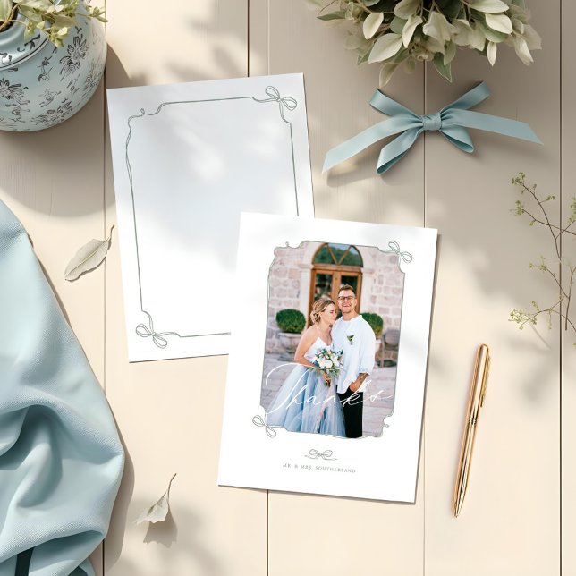 Minimal Bow & Ribbon Photo Frame Script Wedding  Thank You Card (Minimal Bow & Ribbon Photo Frame Script Wedding Thank You Card)