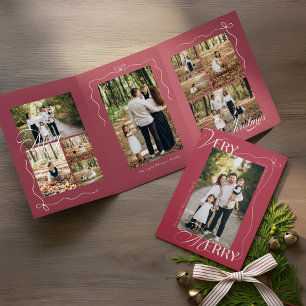 Minimal Bow Very Merry Photo Collage Christmas Tri-Fold Holiday Card