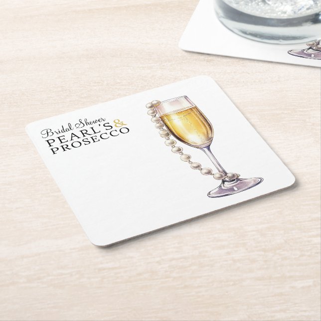 Minimal bridal shower pearls and prosecco party square paper coaster (Angled)