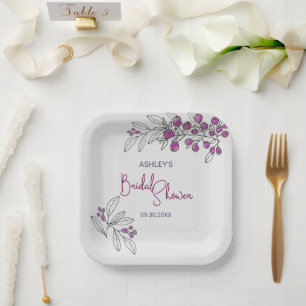 Minimal Bridal Shower Purple Berries Leaves Paper Plate