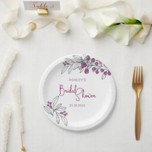 Minimal Bridal Shower Purple Berries Leaves Paper Plate