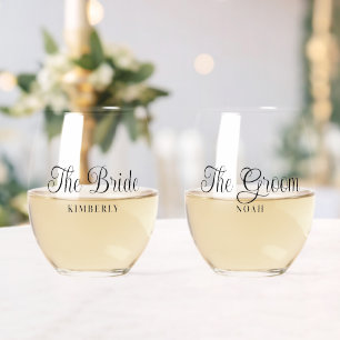 Minimal Bride & Groom Wedding Elegant Script Stemless Wine Glass