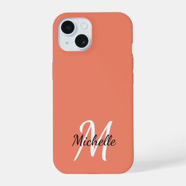 Minimal Bright Orange Monogram Initial iPhone 15 Case (Back)