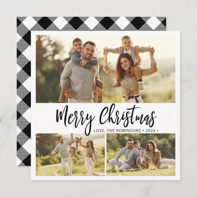 Minimal Buffalo Plaid 3 Multi Photo Christmas Holiday Card (Front/Back)