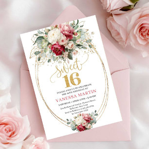 Minimal Burgundy Blush Gold Floral Sweet 16 Invite