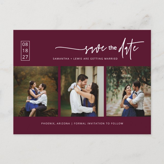 Minimal Burgundy Boho Photo QR Code Save the Date Postcard (Front)