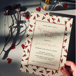 Minimal Burgundy & Cream Hearts Valentine Invitation