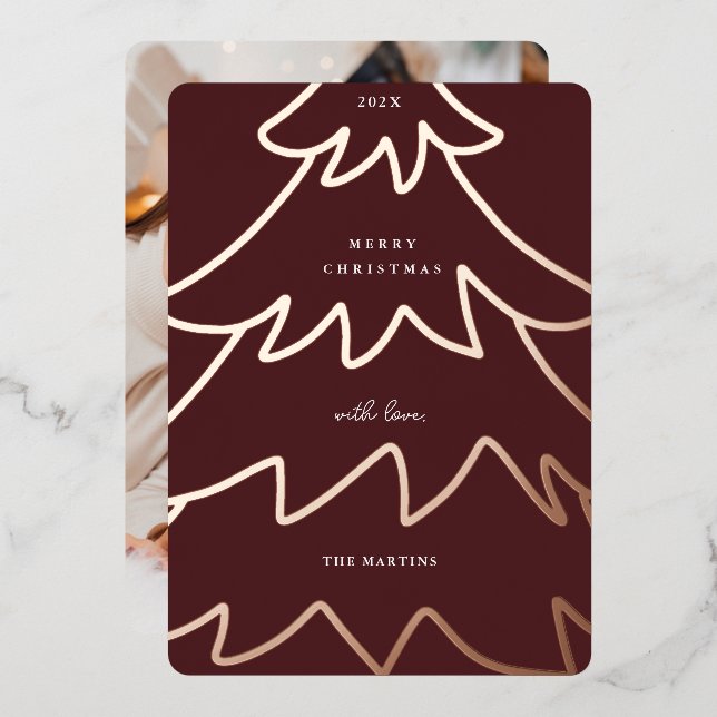 Minimal Burgundy Foil Christmas Tree Photo (Front/Back)
