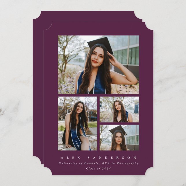 Minimal Burgundy Frame 4 Photo Graduation Announcement (Front/Back)