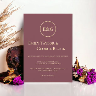 Minimal Burgundy Gold Typography Monogram Wedding Invitation
