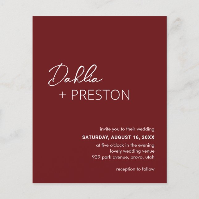 Minimal Burgundy Modern Budget Wedding Invite (Front)
