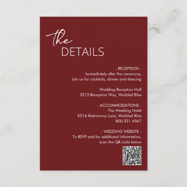 Minimal Burgundy QR Code Modern Wedding Enclosure Card (Front)