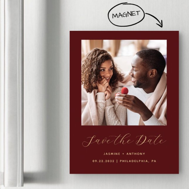 Minimal Burgundy Red Gold Photo Save the Date Magnetic Invitation (Creator Uploaded)