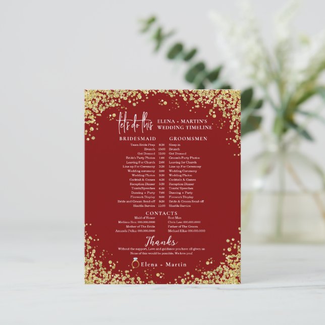 Minimal Burgundy Script Text Wedding Day Timeline (Standing Front)