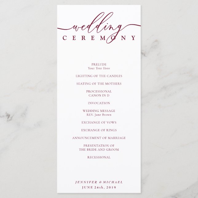 Minimal Burgundy Signature Script Wedding Ceremony Programme (Front)