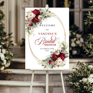 Minimal Burgundy White Floral Bridal Shower Welcom Poster