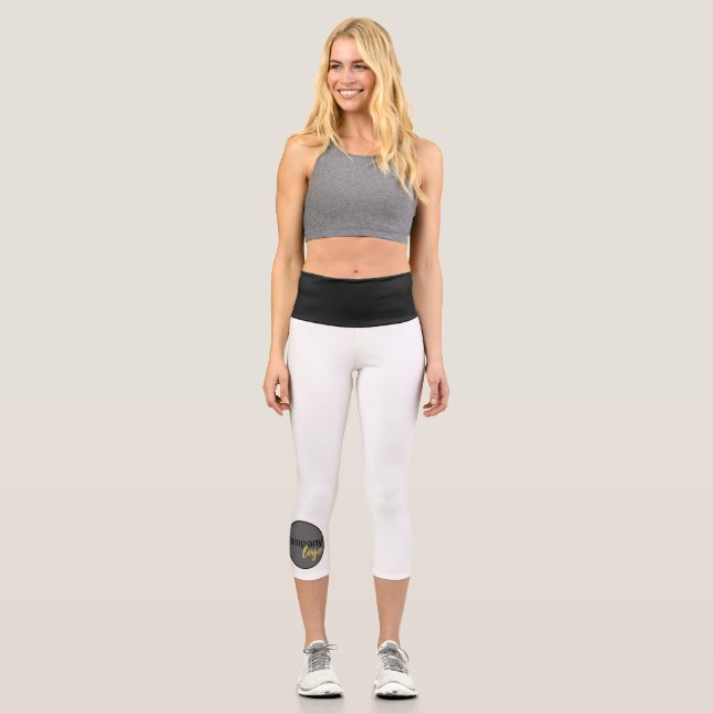 MINIMAL BUSINESS LOGO COMPANY BRANDING WHITE CAPRI LEGGINGS (Front)