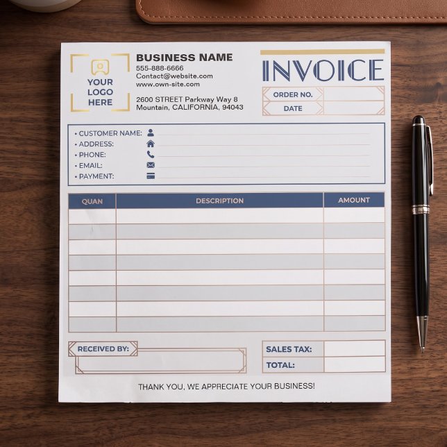 Minimal Business Sales Invoice Forms, Company Logo Notepad (custom logo invoice notepad, minimalist small business receipt, modern bakery invoice form)