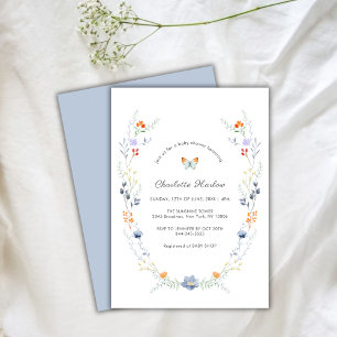 Minimal Butterfly Wildflower Wreath Baby Shower Invitation