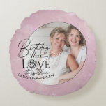 Minimal Calligraphy Photo Birthday Daughter-in-law Round Cushion<br><div class="desc">This birthday design for a nephew features expressive calligraphy paired with clean, modern typography that highlights love, celebration, and heartfelt birthday wishes. The flowing script and bold lettering are thoughtfully arranged beside a circular photo frame, allowing a personal photograph of the nephew to blend naturally with the text. Delicate decorative...</div>