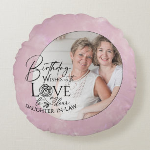 Minimal Calligraphy Photo Birthday Daughter-in-law Round Cushion