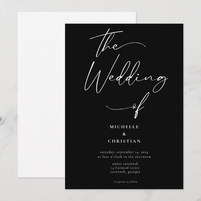 Minimal Calligraphy Solid White Black Wedding Invitation (Front/Back)