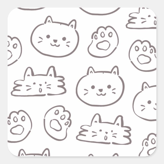 Minimal Cat Doodle Pattern – Kawaii Kitty Faces &  Square Sticker (Front)