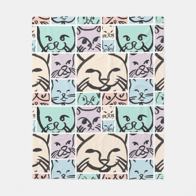 Minimal Cats Line Art Collage Fleece Blanket (Front)