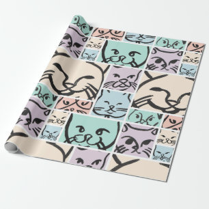 Minimal Cats Line Art Collage Wrapping Paper