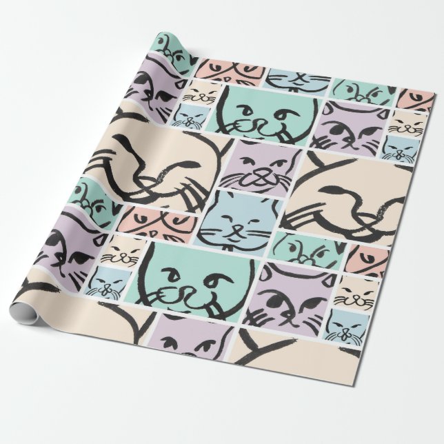 Minimal Cats Line Art Collage Wrapping Paper (Unrolled)