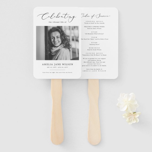 Minimal Celebration Of Life Photo Funeral Memorial Hand Fan (Front and Back)